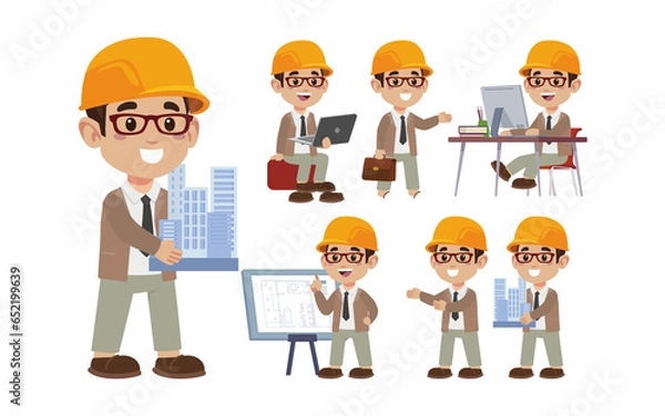 Fototapeta Set of engineer with different poses