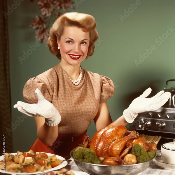 Obraz The woman is a chef, ready for Thanksgiving dinner.  In the style of retro glamor, 1940s–1950s. AI generated picture.
