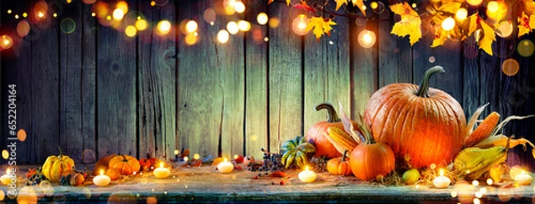 Fototapeta Thanksgiving - Pumpkins And Corncobs On Rustic Table With Garland And Defocused Abstract Lights