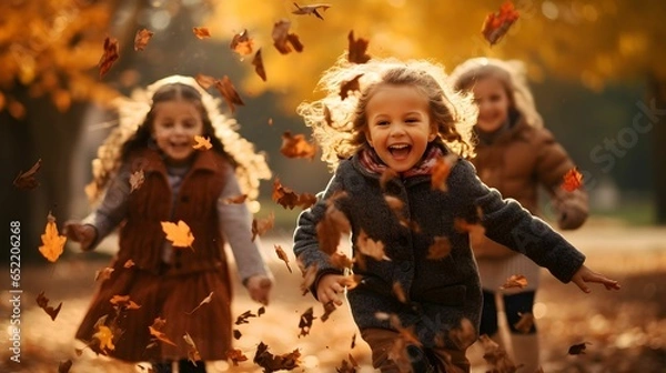 Fototapeta Three children happily enjoying playing among the falling autumn leaves in nature