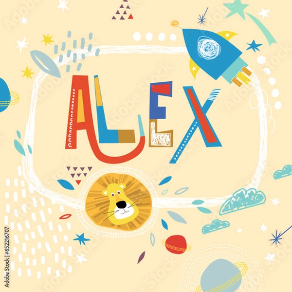 Fototapeta Bright card with beautiful name Alex in planets, lion and simple forms. Awesome male name design in bright colors. Tremendous vector background for fabulous designs