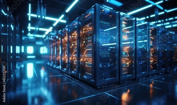 Fototapeta A modern data center featuring multiple servers, each equipped with glowing LED lights.