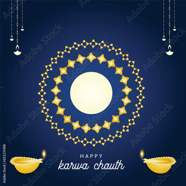 Obraz Free vector happy karwa Chauth with decorated puja thali of greeting card background