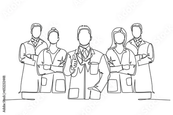 Fototapeta Single one line drawing groups of young happy male and female doctors giving thumbs up gesture as service excellence symbol. Medical team work. Continuous line draw design graphic vector illustration