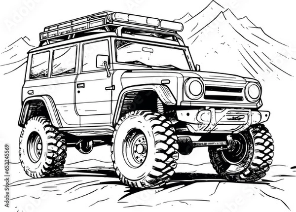 Fototapeta Hand-drawn vector illustration of a black and white off-road car, showcasing a classic and adventurous style. Generative AI