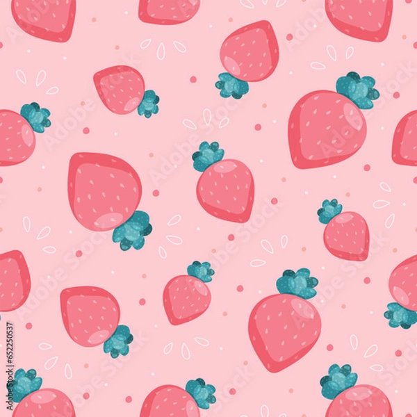 Obraz Juicy strawberry seamless vector pattern. Summer berry background. Use for fabric, gift wrap, packaging. Vector illustration in flat cartoon style.