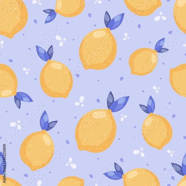 Obraz Juicy lemon seamless vector pattern on light background. Summer fruit background. Use for fabric, gift wrap, packaging. Vector illustration in flat cartoon style.
