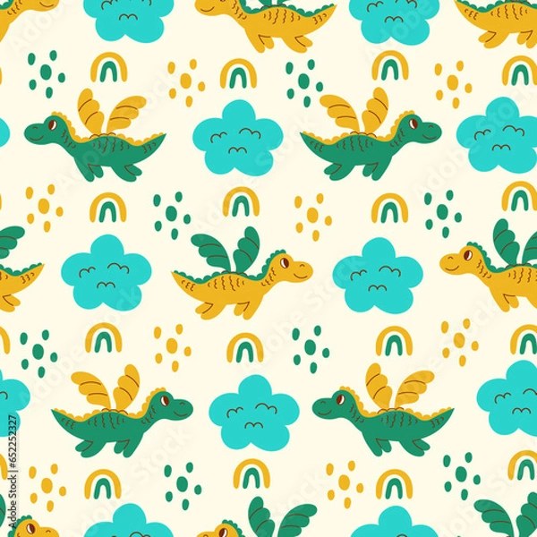 Fototapeta Flying dragon seamless pattern with rainbow cloud and dots. Cute childish seamless background with little dragon with wings flying in the sky. Repeat vector illustration