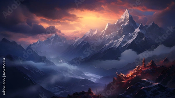 Fototapeta Experience the magic of twilight in the mountains with this highly detailed shot. The soft, diffused light creates a dreamlike atmosphere, highlighting the rugged contours of the peaks.