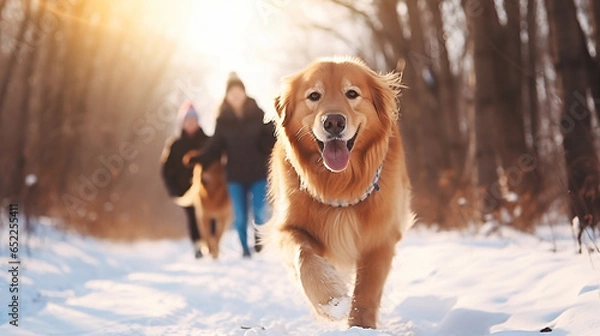 Fototapeta golden retriever running in the snow with family in the background