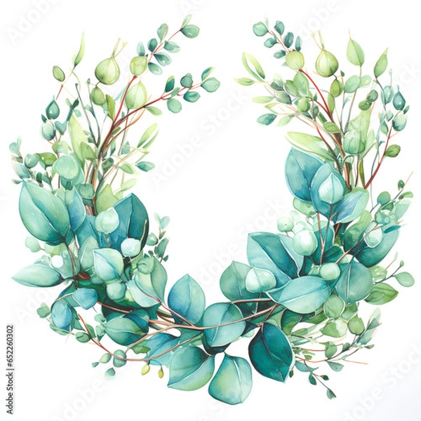 Obraz Floral wreath.Garland of a eucalyptus branches.Frame of a herbs.Watercolor hand drawn illustration.It can be used for greeting cards, posters, wedding cards