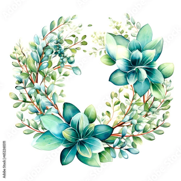 Obraz Floral wreath.Garland of a eucalyptus branches.Frame of a herbs.Watercolor hand drawn illustration.It can be used for greeting cards, posters, wedding cards
