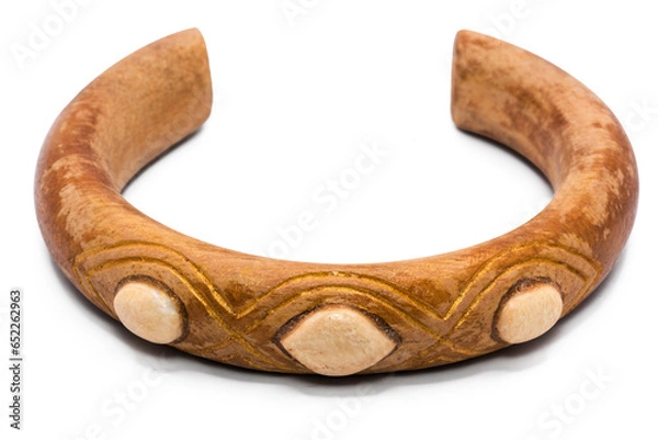 Obraz old bangle bracelet made from wooden  isolated on  white background,macro photo,has path