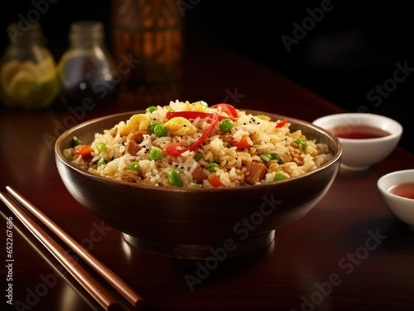Fototapeta  Bowl of classic fried rice served with a side of soy sauce