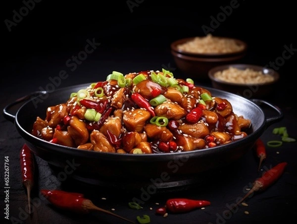 Fototapeta Elegant presentation of kung pao chicken with a sprinkle of sesame seeds