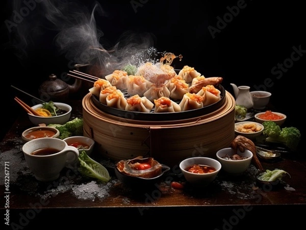 Fototapeta Elegant presentation of dim sum with a variety of fillings