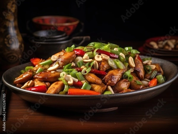 Fototapeta Kung pao chicken with mixed vegetables on a sleek plate