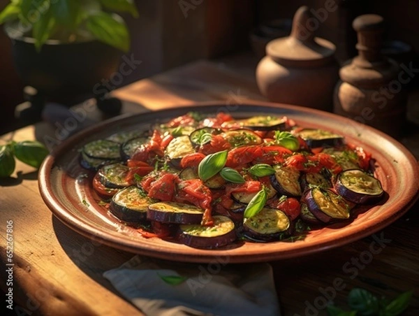 Fototapeta Rustic ratatouille with fresh basil