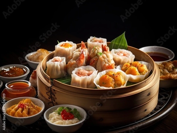 Fototapeta Variety of dim sum served in a traditional setting