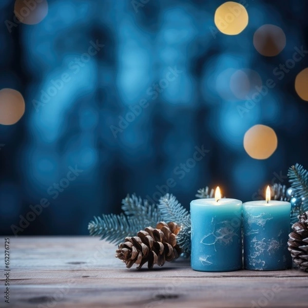 Fototapeta blue Christmas candle on rustic wooden boards - Decoration with natural elements, twigs, pine cones and cookies - First Advent Sunday , Advent banner, panorama with magic bokeh lihgts- generative AI