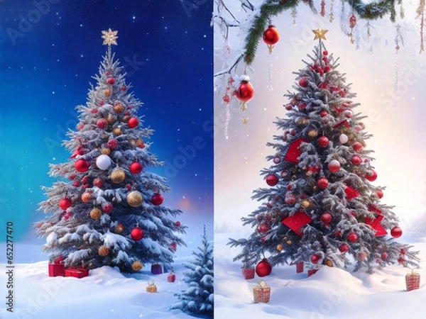 Obraz Vibrant and Festive Christmas Cards with Beautifully Decorated Trees Generative AI