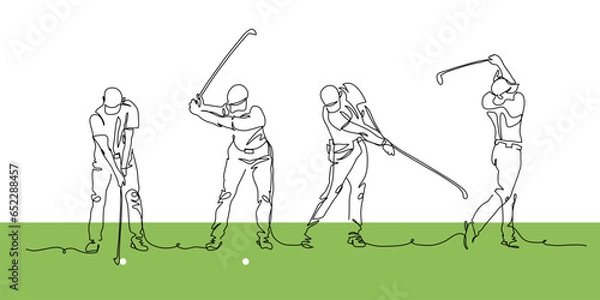 Obraz Golfer making swing motion on golf course. Vector illustration. One continuous line art drawing of golfer