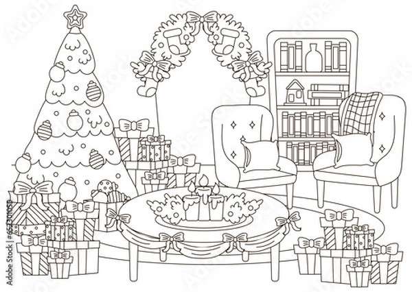 Fototapeta Christmas indoor interior of living room with christmas tree and library, winter house theme coloring page for kids and adults, activity for print, cozy outline background