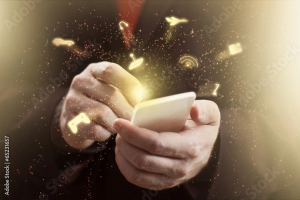 Obraz Sparkling Gaming Icons Floating Around Smartphone