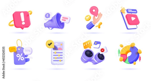 Fototapeta 3d Business icon set. Trendy illustrations of Newsletter, Party, Loading bar, Sale, Achievement, Chat, Digital Marketing, Security, etc. Render 3d vector objects