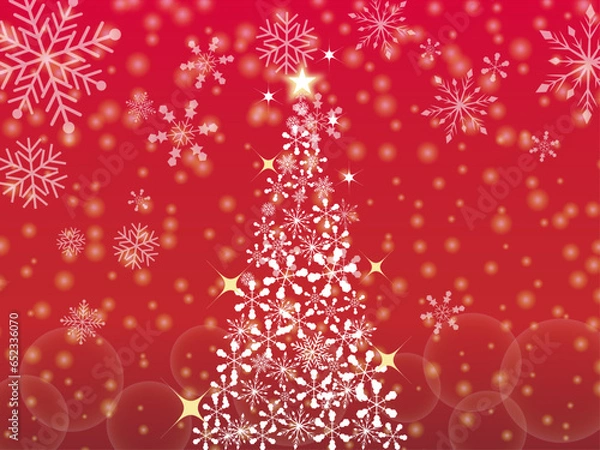 Fototapeta 雪の結晶のクリスマスツリーと赤色の背景