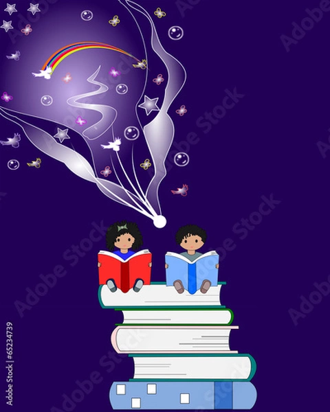 Obraz African children sit and read books and fantasy fly over their h