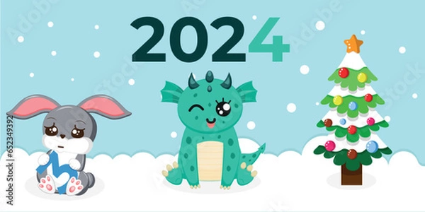 Fototapeta Christmas card with dragon, hare, Christmas tree