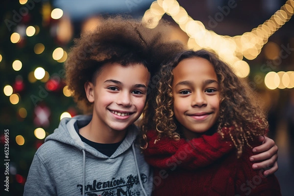 Fototapeta two young mixed race friends kids smiling and looking at the camera, in a festive christmas winter atmosphere