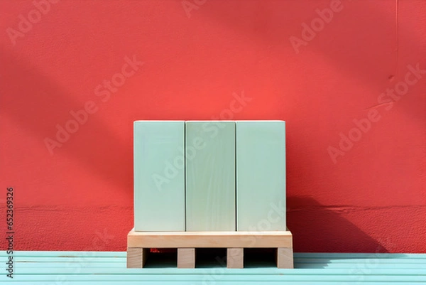 Fototapeta Pastel green wooden blocks on beige wooden pallet in front of red wall. Background minimalist style and design with simple objects.