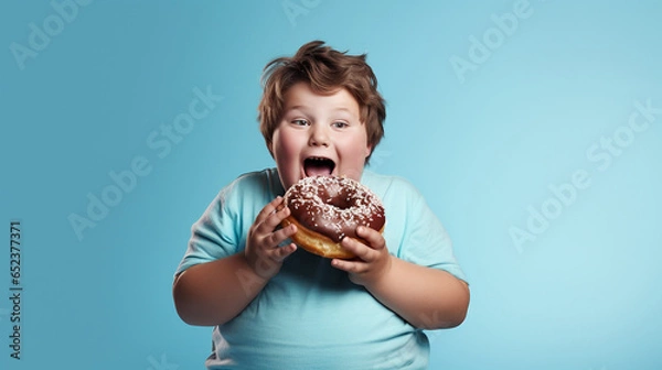 Obraz Studio portrait of cheerful fat boy eating a big donut. Concept of child obesity and unhealthy lifestyle, copy space for text