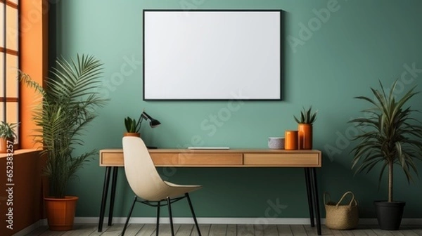 Fototapeta Frame mock up in Home Office Coastal-Inspired in Red, Mockups Design 3D, HD