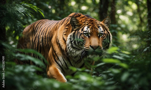 Fototapeta A majestic tiger prowling through the lush green jungle, its orange and black stripes camouflaging it against the dense foliage. Generative AI