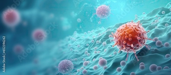Fototapeta Rendering of a 3D concept for an oncology treatment that kills cancer cells isolated pastel background Copy space