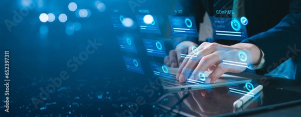 Obraz Devops team, incremental work, iterative procedures, lean project management tool. On a PC with a developer, agile software development is done using the Kanban board framework approach.