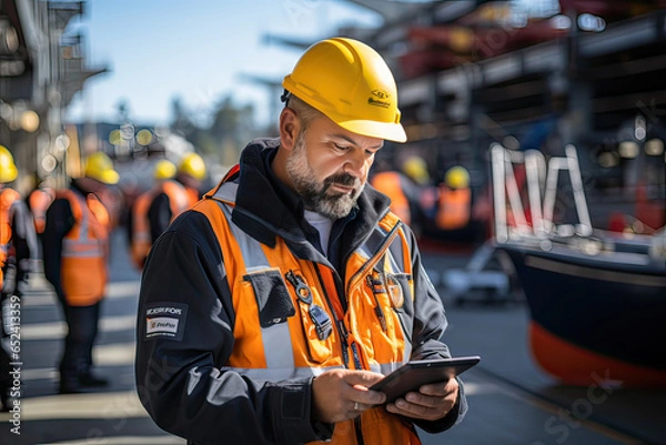 Obraz Foreman in uniform wearing safety helmet using tablet checking containers loading