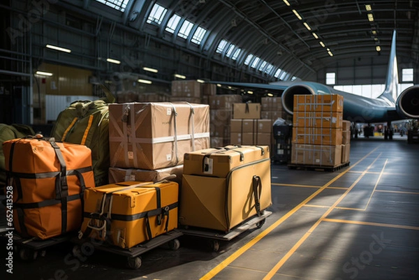 Fototapeta Loading and unloading of goods and carry-on baggage at a military airport