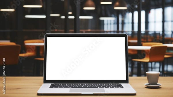 Fototapeta mockup image of laptop with blank transparent screen, on the table in a cozy office lounge area environment furnishings. Ideal for website marketing and advertising