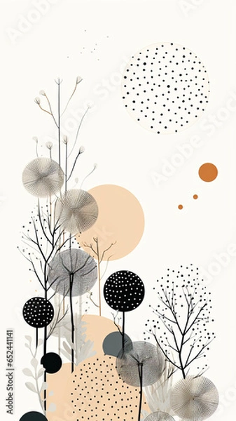 Fototapeta An illustration of nature-inspired forms in dotted, minimalist line art on a very white background. muted pastel colors with black accents, AI generative