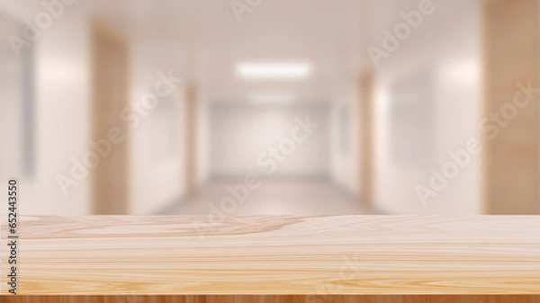 Obraz Wood table top on blurred hallway background for display or montage your products. 3d illustration.