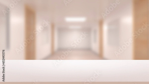 Obraz White table top or counter on blurred hallway background. For product display. 3d illustration.