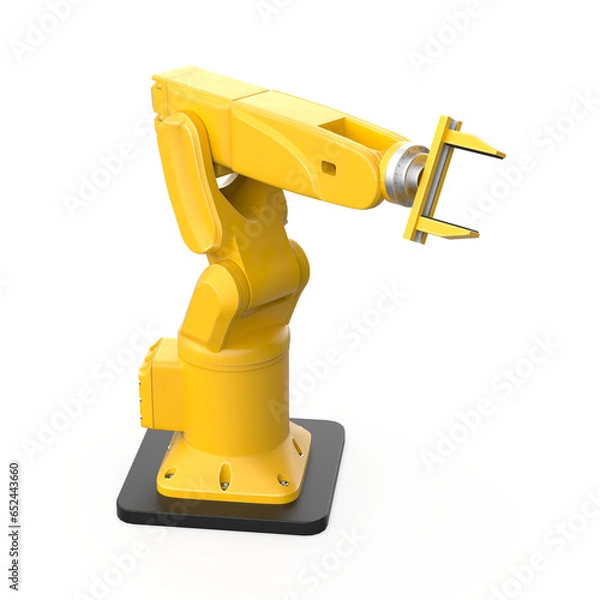Obraz Mechanical yellow hand isolated. Industrial robot manipulator. 3D Rendering