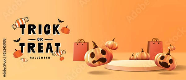 Obraz Halloween Promotion Poster or banner template. Pumpkin ghost,Wizard Hat,cute,cartoon and halloween elements. Website spooky or banner template