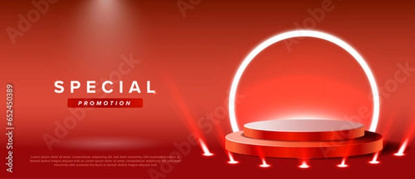 Obraz Red Stage podium with lighting, Stage Podium Scene with for Award Ceremony on red Background, Vector illustration