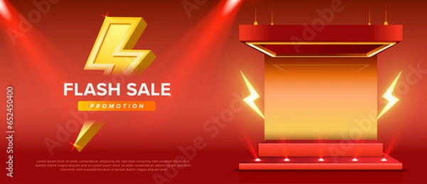 Obraz Shopping poster flash sale banner with yellow thunder sign Special campaign or promotion. Template design for social media with blank product podium scene. On red background vector