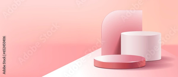 Obraz Pink podium background minimal scene with geometric platform. vector 3d rendering with podium. stand to show cosmetic products. Stage showcase on pedestal modern 3d studio pink pastel
